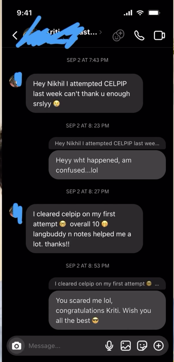 Learner message celebrating a CELPIP overall score of 10